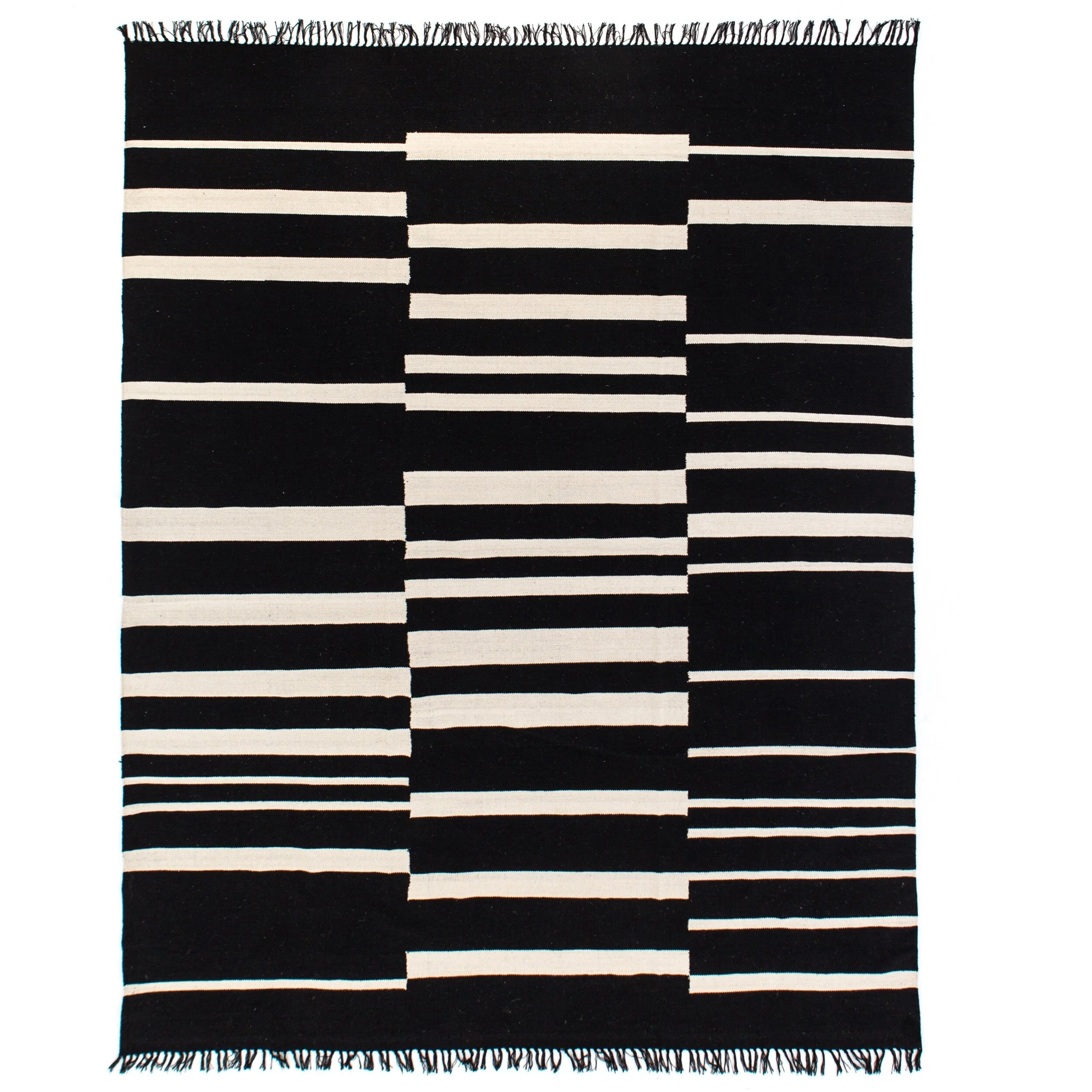 Offset Black and Ivory Stripe Textured Cotton Modern Area Rug