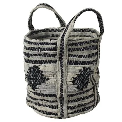 Salvaged Leather Woven Striped Tote Bag Storage Basket