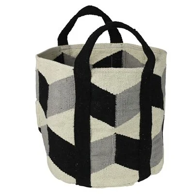 Geometric Loomed Cotton Tote Bag Storage Basket Black/Cream
