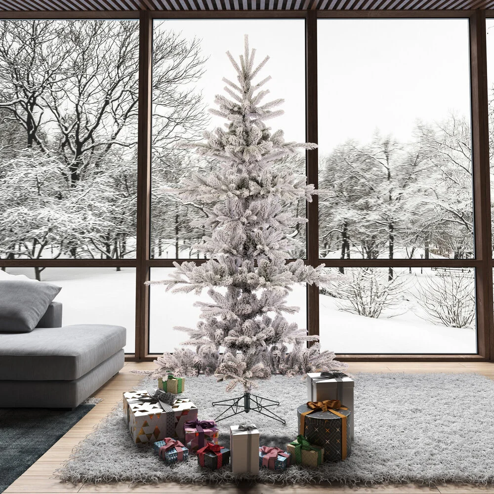 Flocked Modern Yukon Prelit Artificial Christmas Tree Winter Cabin