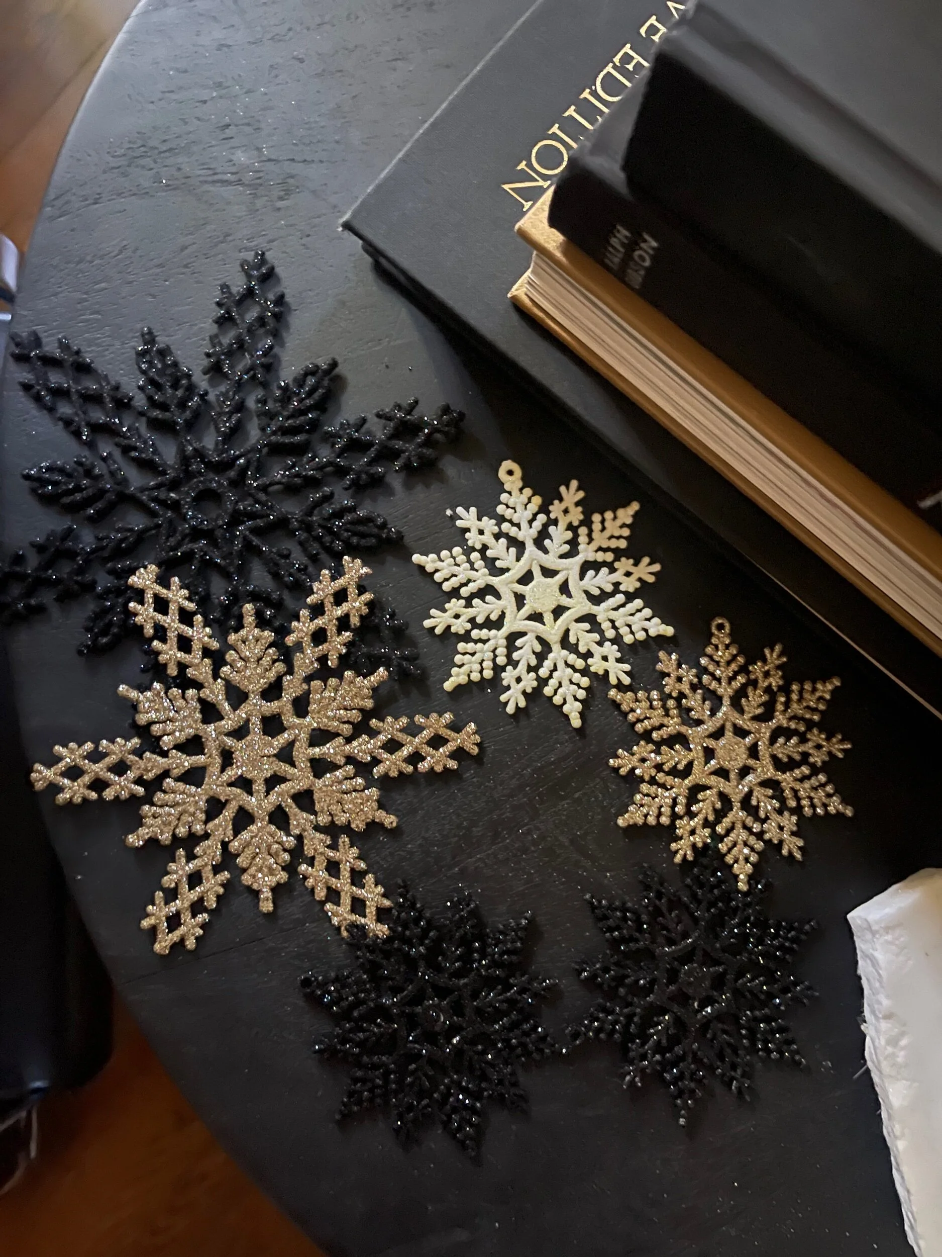 Black and Gold Glitter Snowflake Set Styled