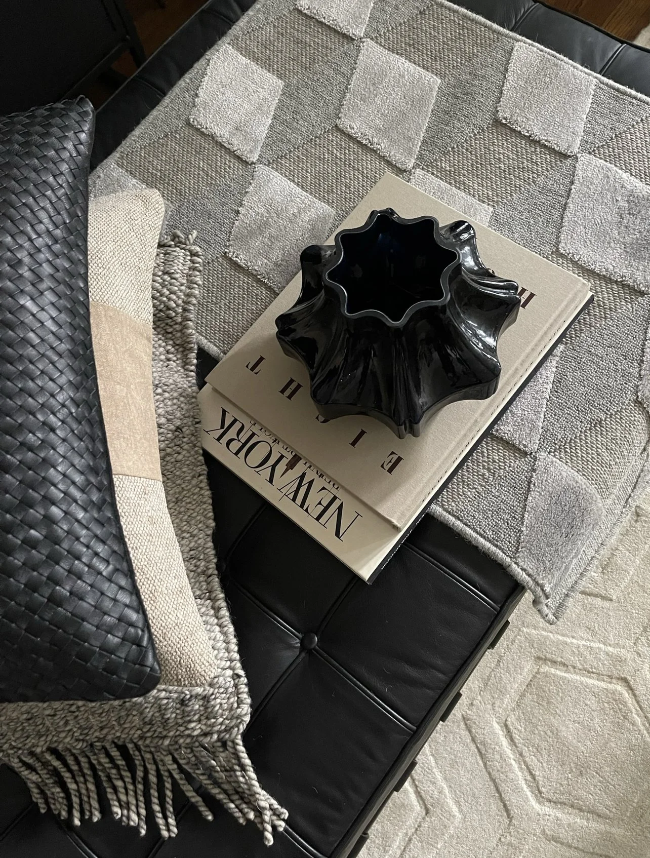 Modern Geometric Rug Styled with Marble Tray, Vase, Home Art Books