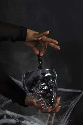 Clear Glass Skull Black Candy Dish Halloween