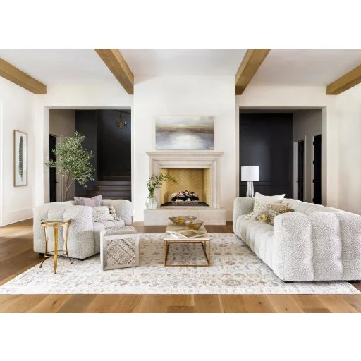 Ivory Boucle Tufted Sofa and Chair in Living Room Styled