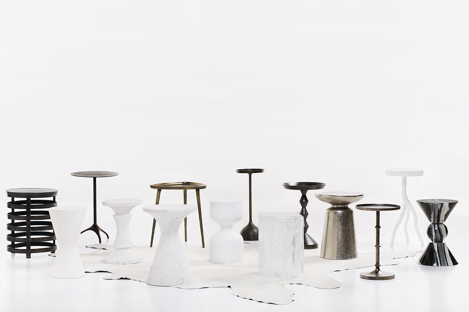 Modern and Minimal Black, White, Brass, Marble Side Tables Styled on Cowhide