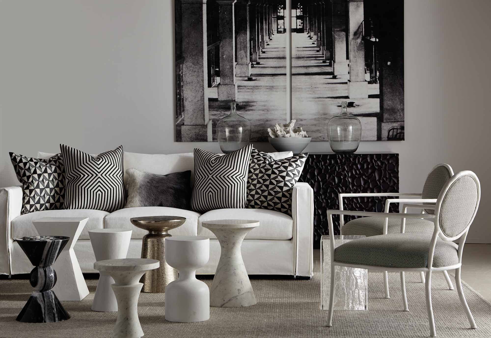 Modern and Minimal Black, White, Brass, Marble Side Tables Styled Living Room