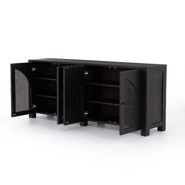 Black-Washed Cane Media Storage Cabinet Open Doors