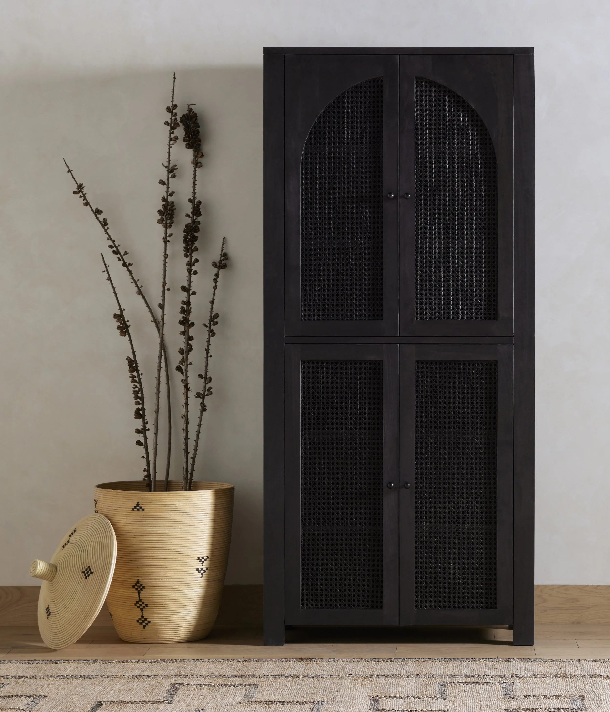 Black-Washed Cane Tall Storage Cabinet Styled