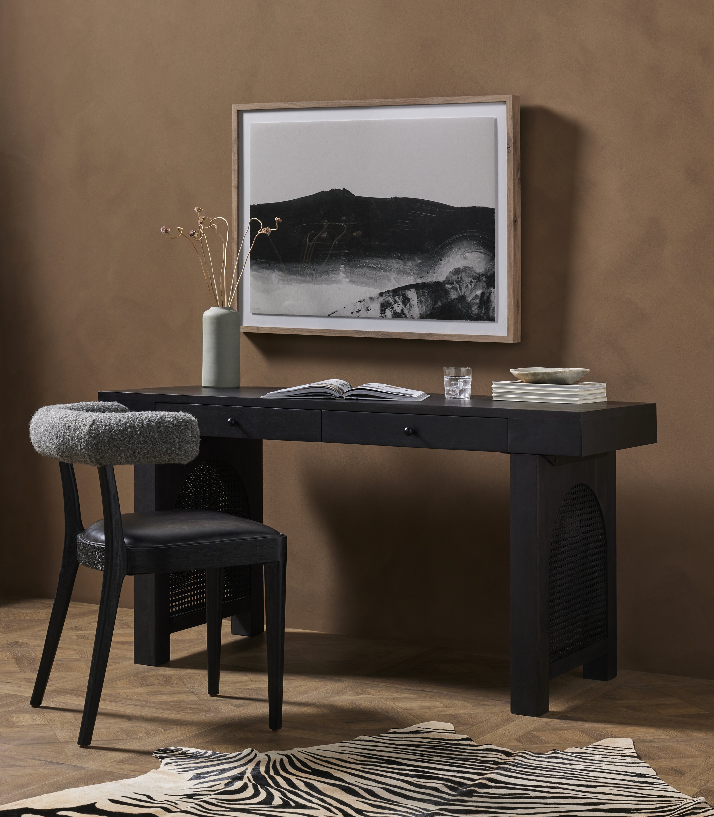 Black-Washed Cane Modern Desk in Home Office