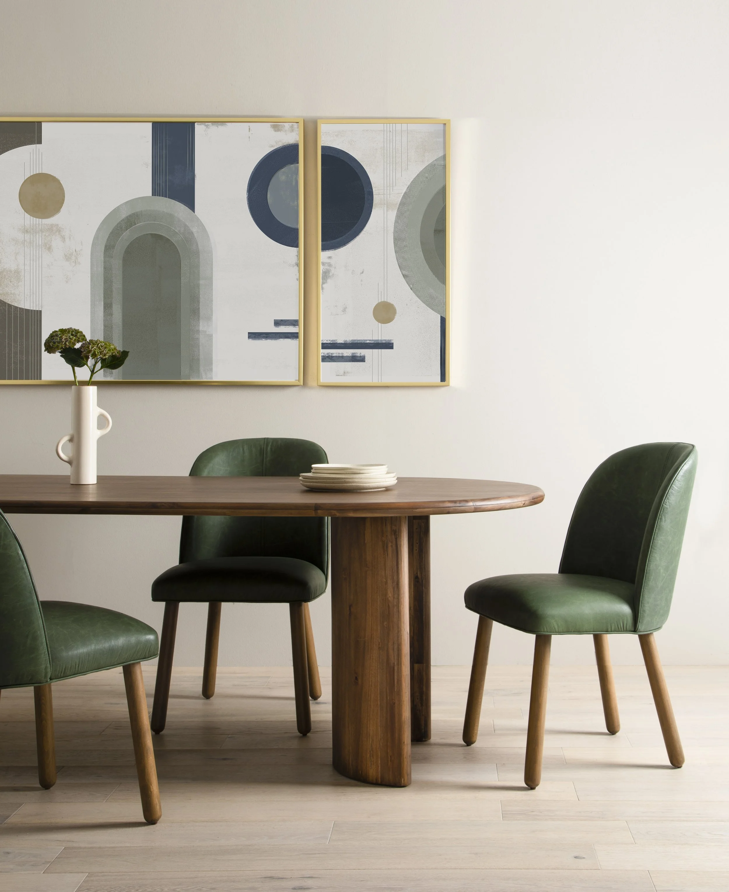 Brown Acacia Crescent Dining Table in Dining Room Green Chairs