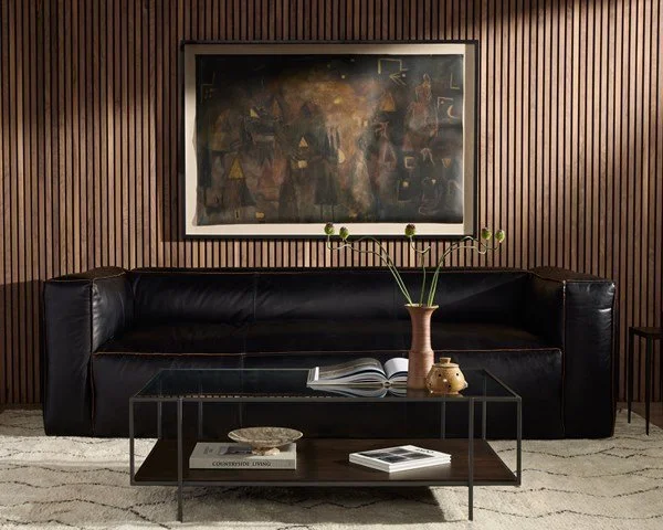 Black Leather Contrast Welt Sofa in Living Room, Modern Artwork