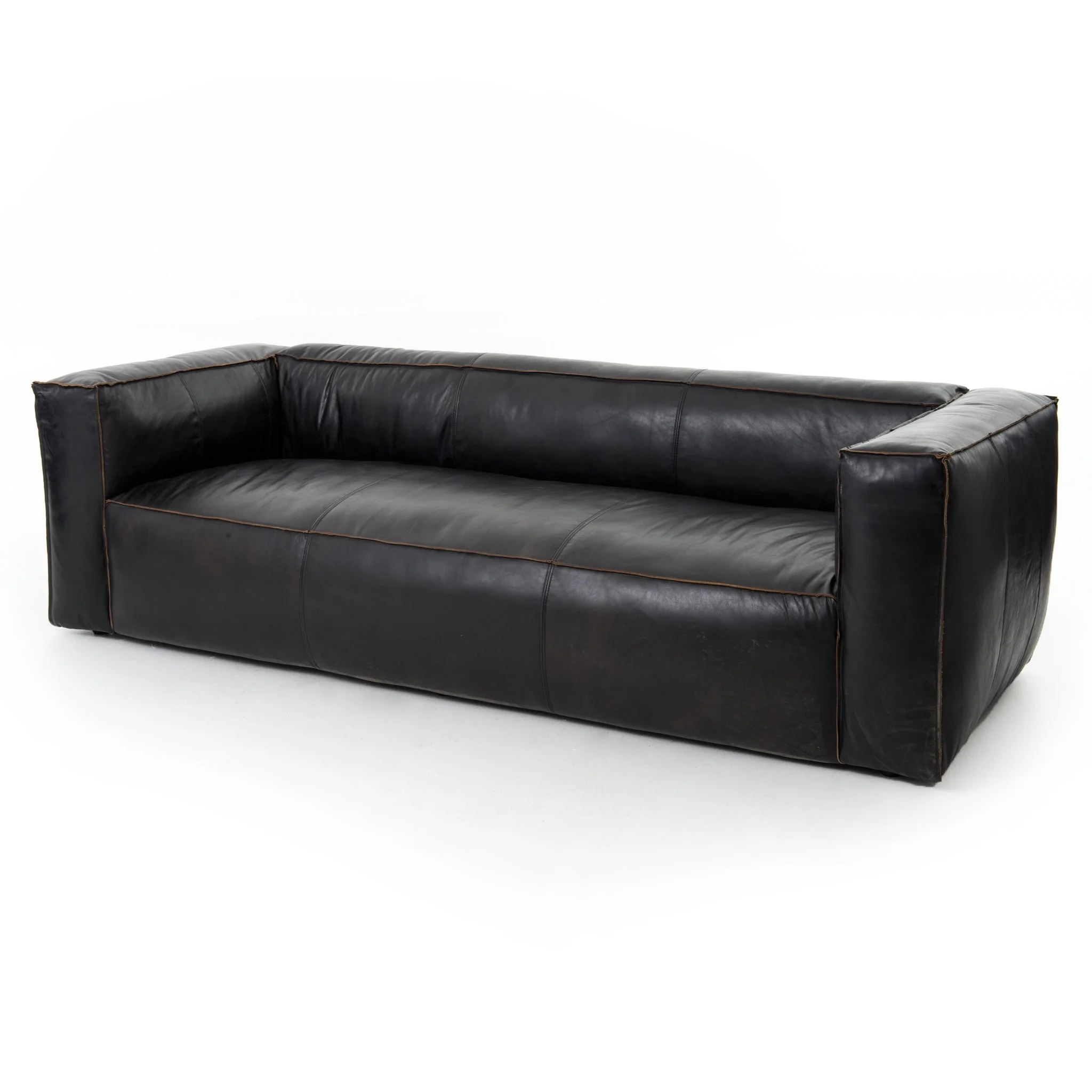 Black Leather Contrast Welt Sofa