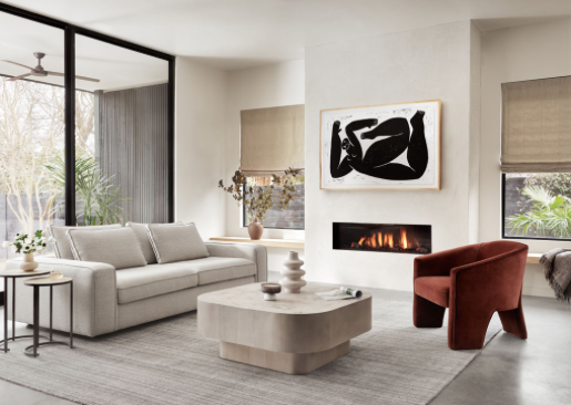 Ivory Sofa Styled in Modern Living Room, Terracotta Chair
