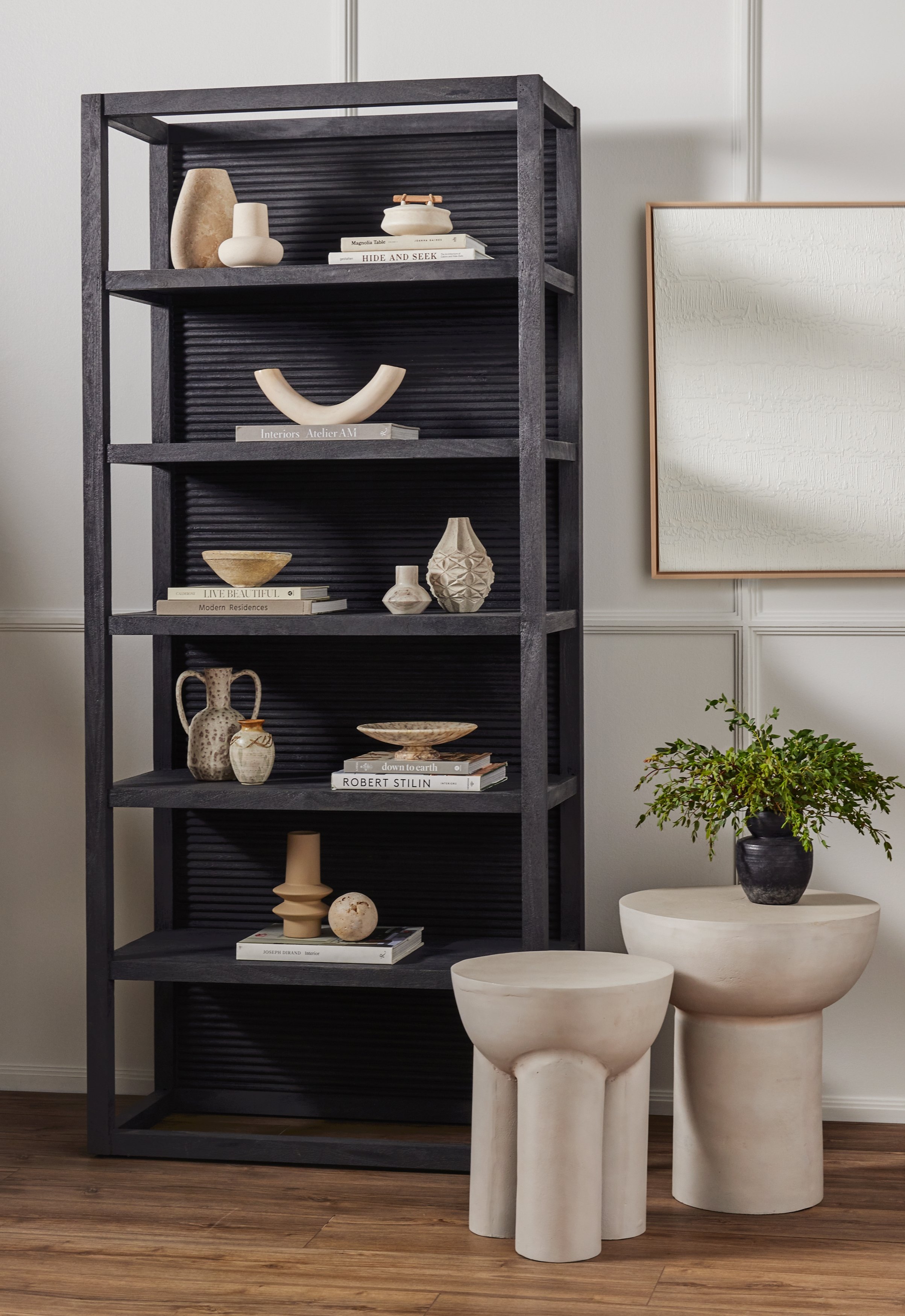 White Modern End Table by Black Bookshelf Styled