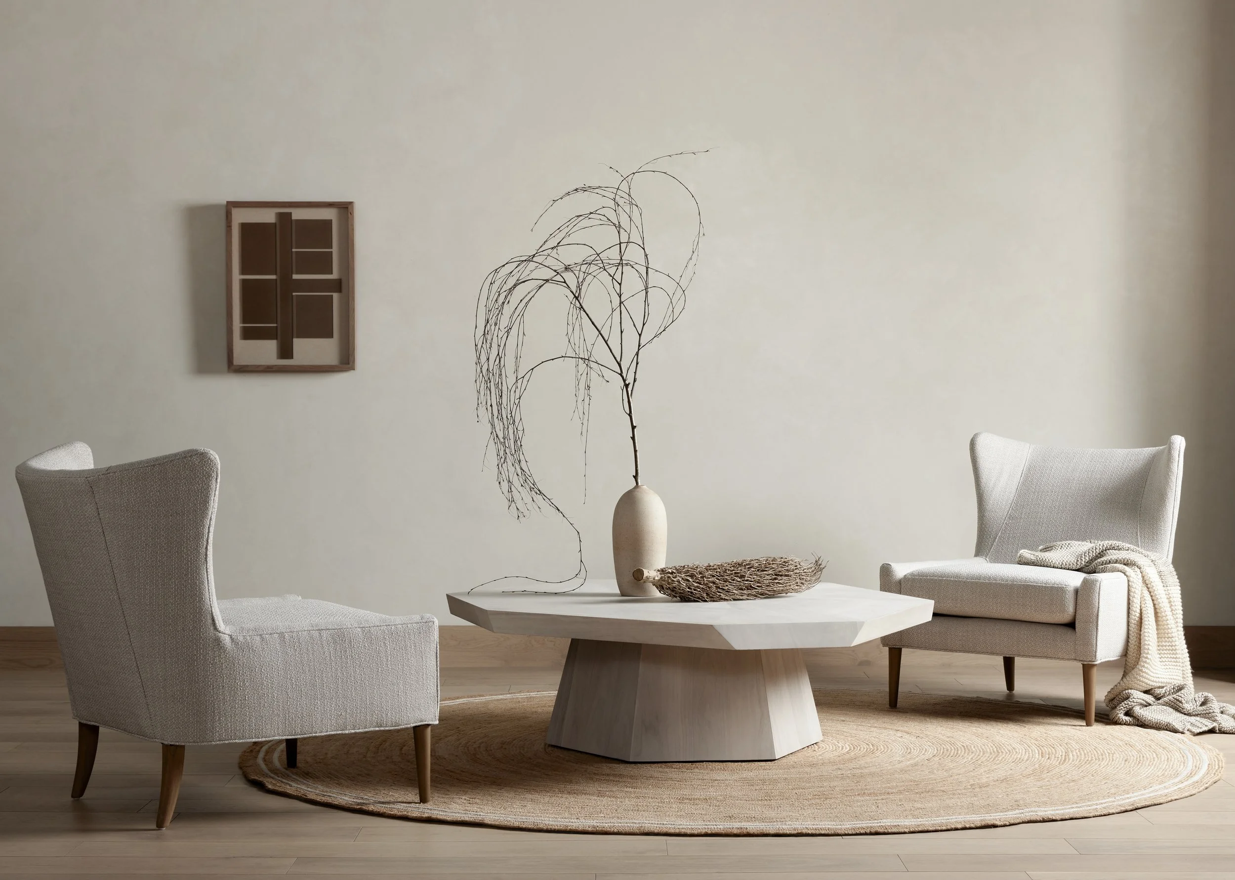Modern Interior, Armchairs, Coffee Table, Modern Art, Round Natural Rug