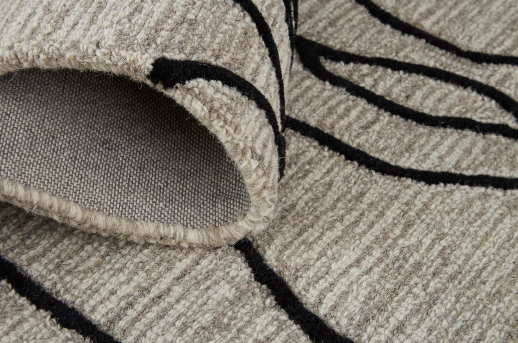 Modern Taupe Wool Rug Black Abstract Lines Detail