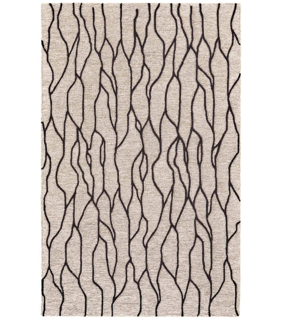Rectangular Modern Taupe Wool Rug Black Abstract Lines