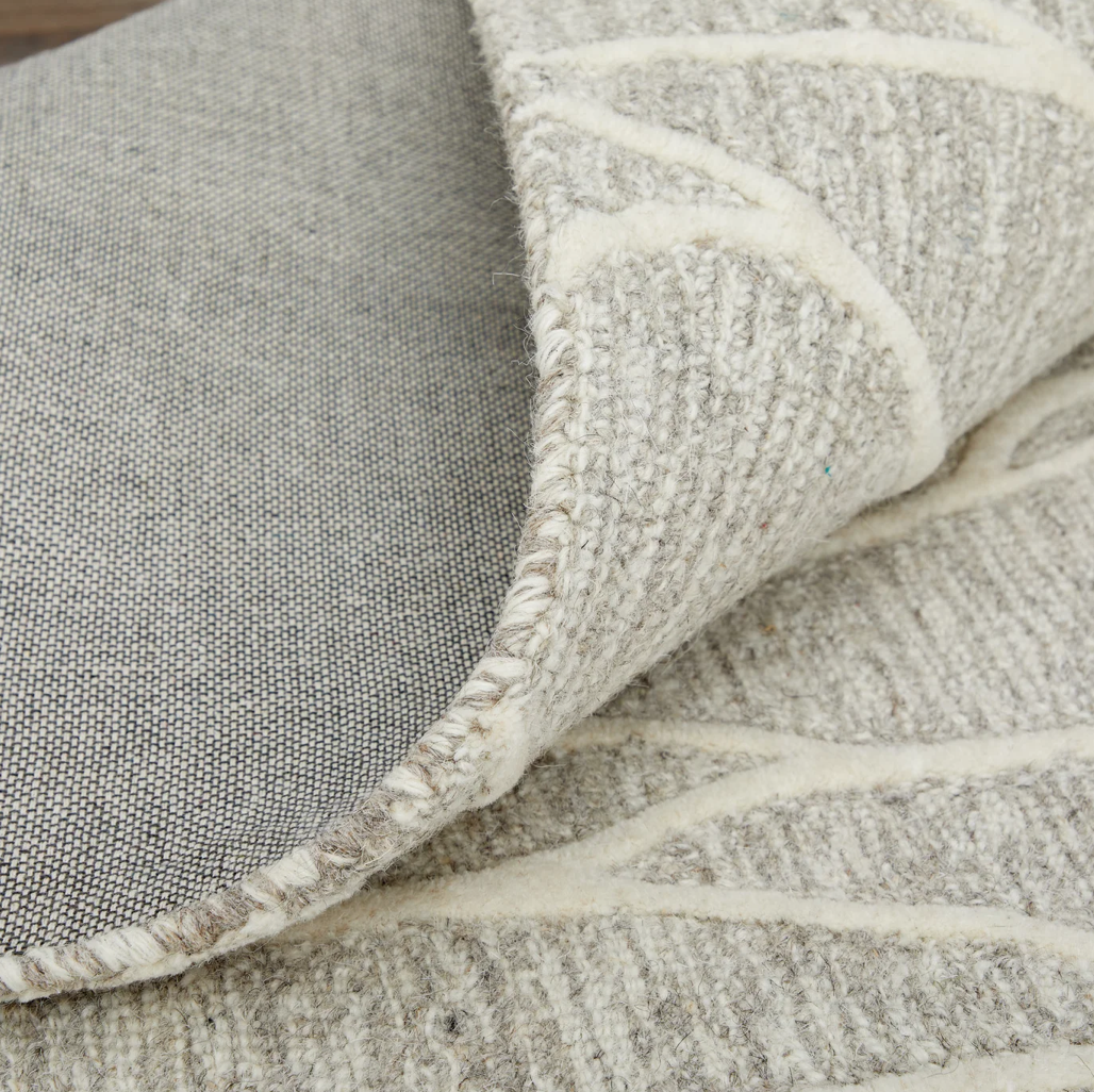 Modern Grey Wool Rug Ivory Abstract Lines Detail