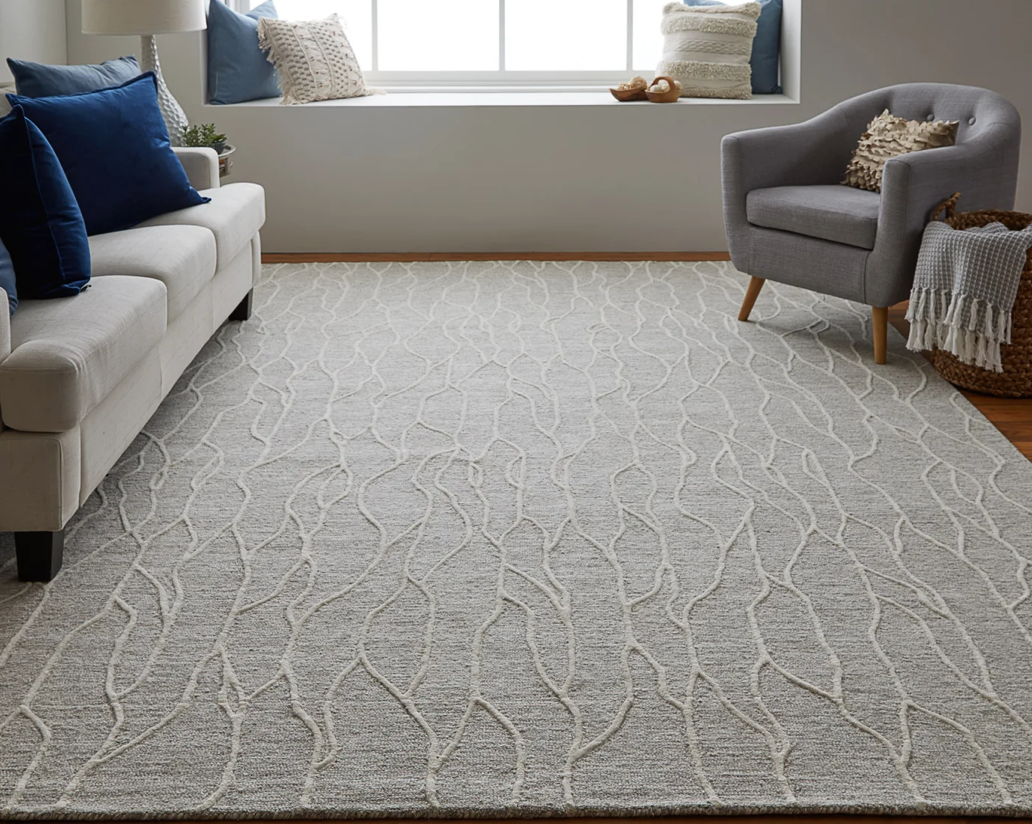 Modern Grey Wool Rug Ivory Abstract Lines in Living Room