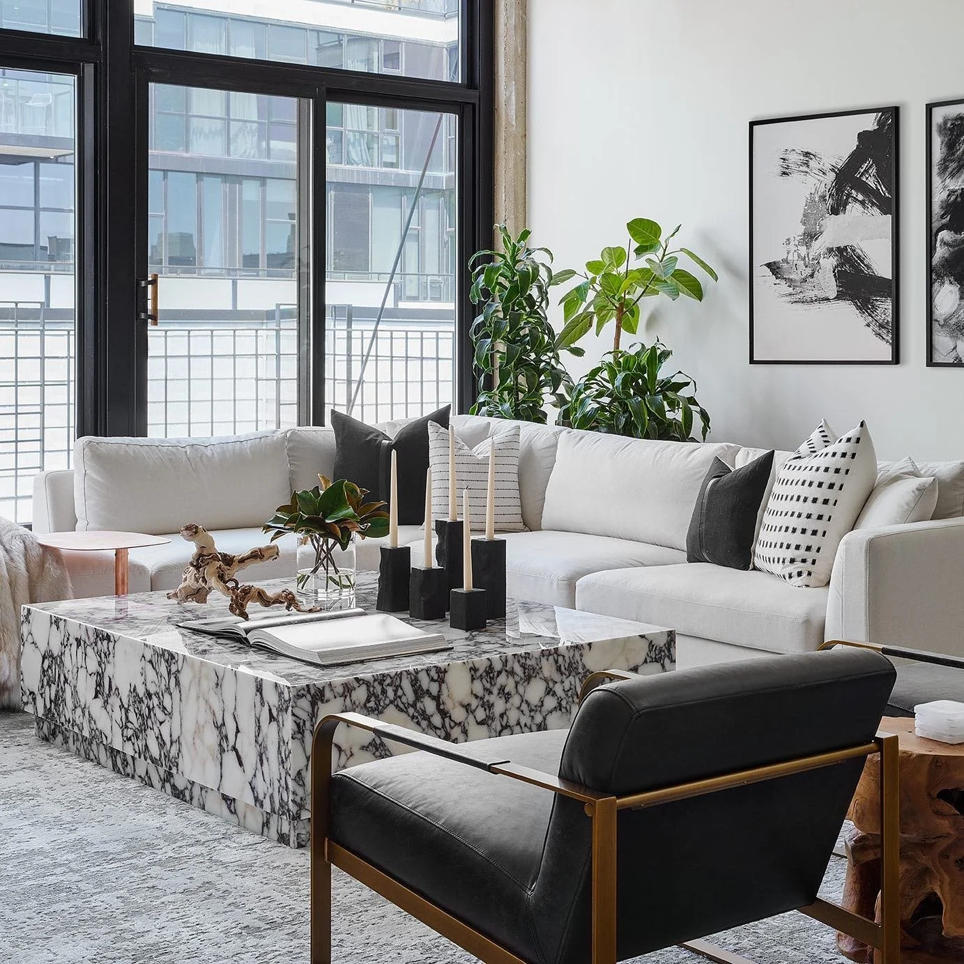Modern Home Marble Coffee Table Contemporary Textured Light Grey Rug