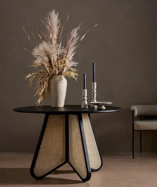 Irene Cane Dining Table Black Wood and Natural Cane