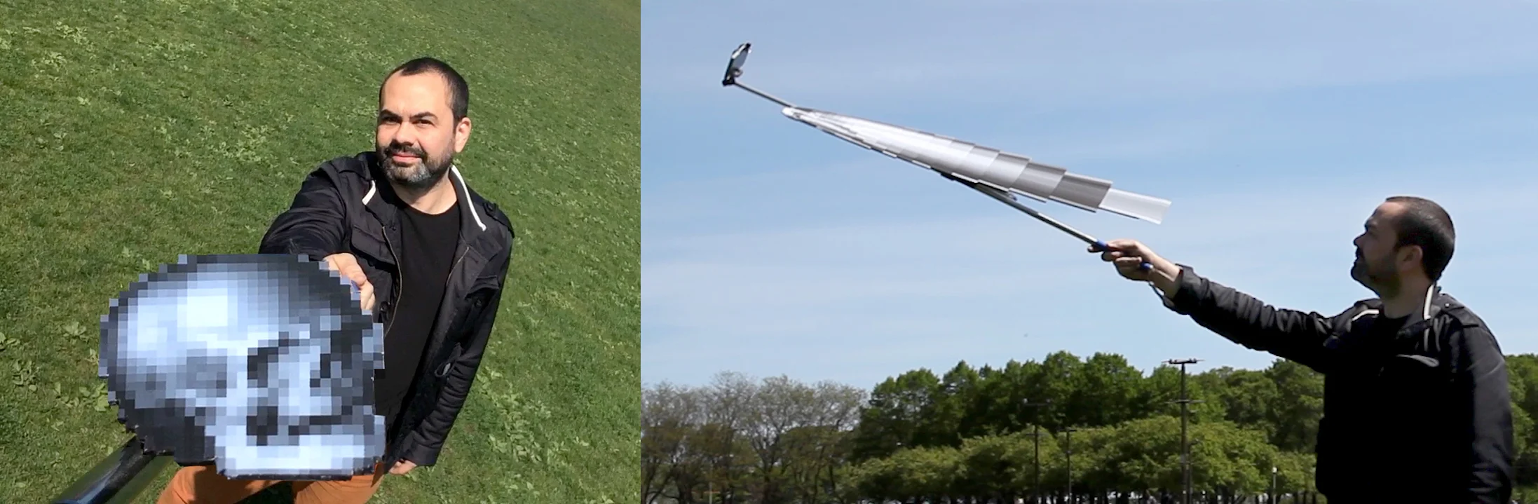 Using principles of anamorphosis—obliquely distorted perspective—the printed graphics are applied to the selfie stick. The smartphone camera is the only vantage point capable of decoding the image, inserting a graphic into your selfie.