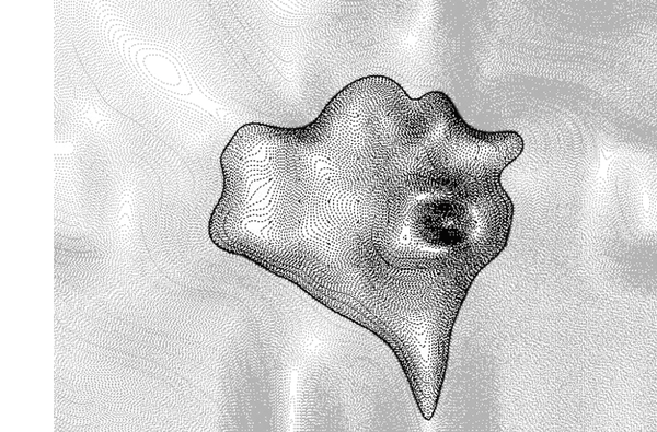 "Comfort algorithm" applied to the Farnsworth House. The thermal high point is reduced to 72ºF, causing a ripple effect as the house evens its temperature. The house enclosure is tied to the thermal contours; as the temperature levels, the house dis…