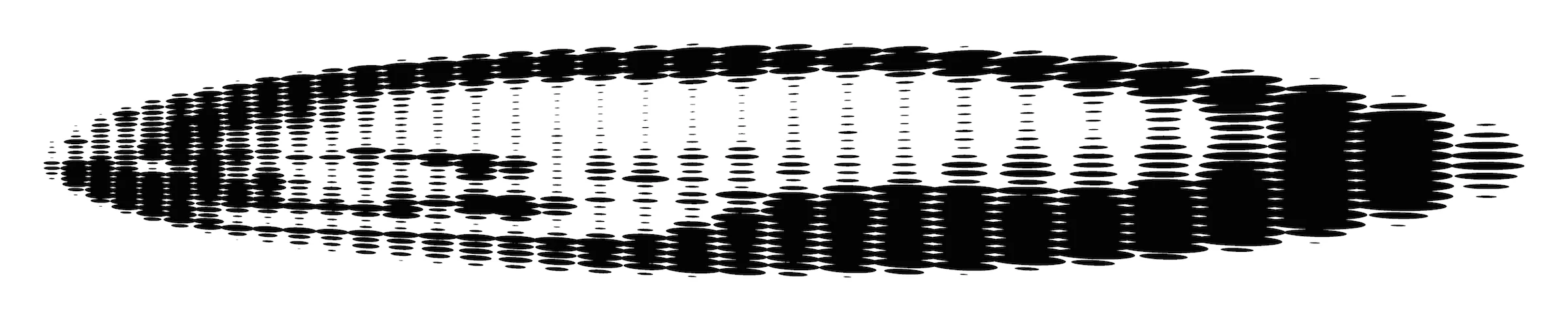 The Holbein skull is digitally manipulated to restore its orientation and made up of varying diameter dots. The new skull is repositioned and altered to create a new anamorphosis.