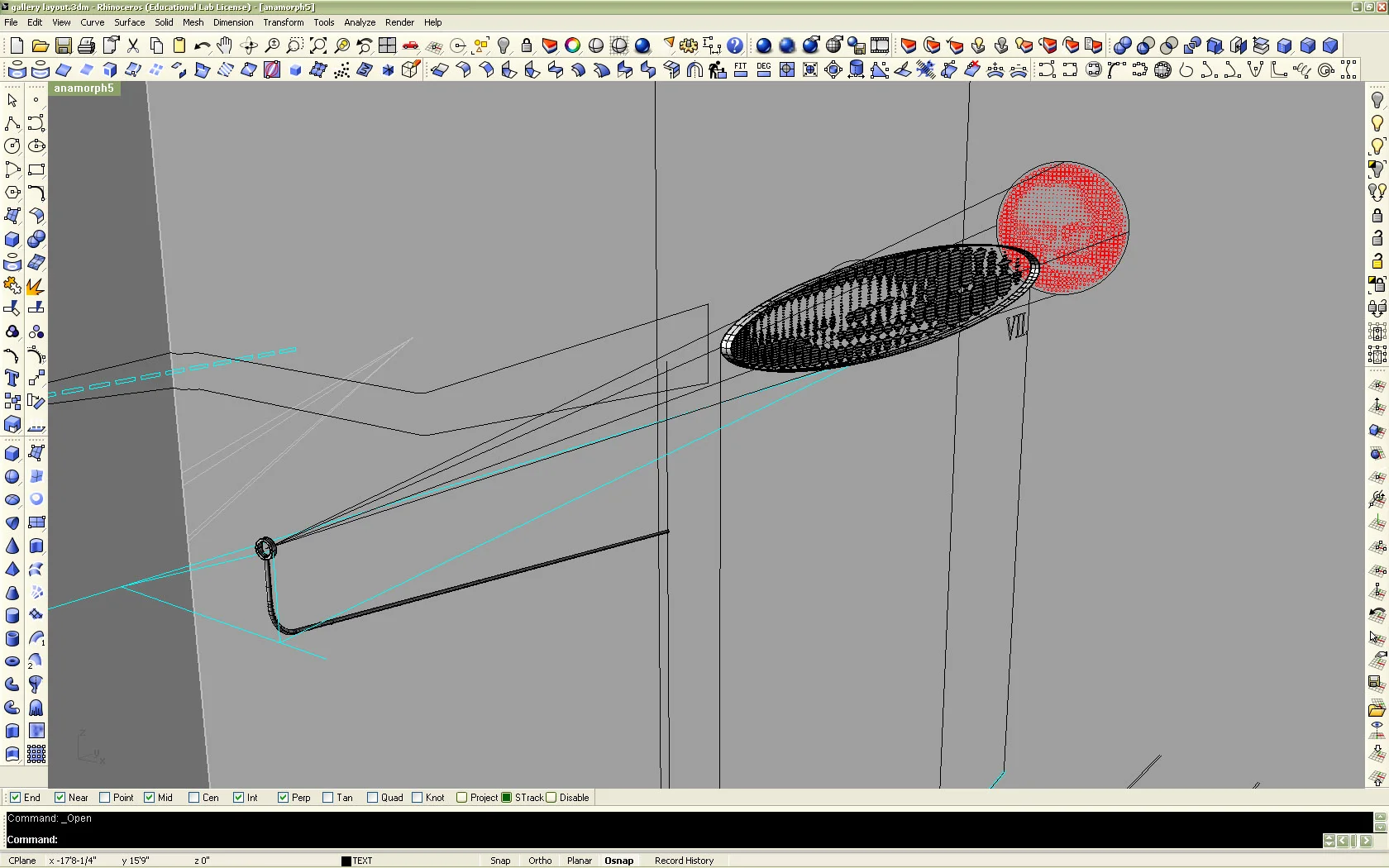 Screenshot of anamorphic projection in process. Once a viewing point is established, projection lines guide the anamorphic construction.