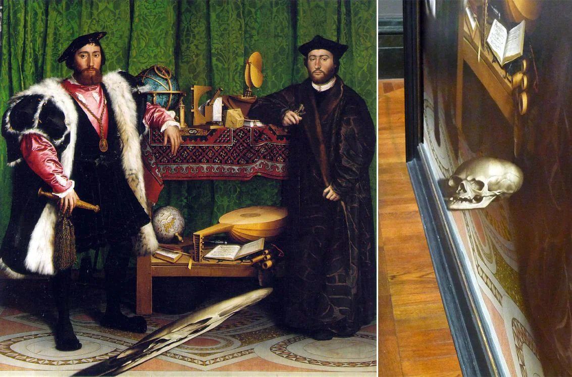 Hans Holbein, The Ambassadors (1533). The lower foreground is dominated by an unknown object. When seen from the correct oblique viewpoint, the object is revealed as a skull.