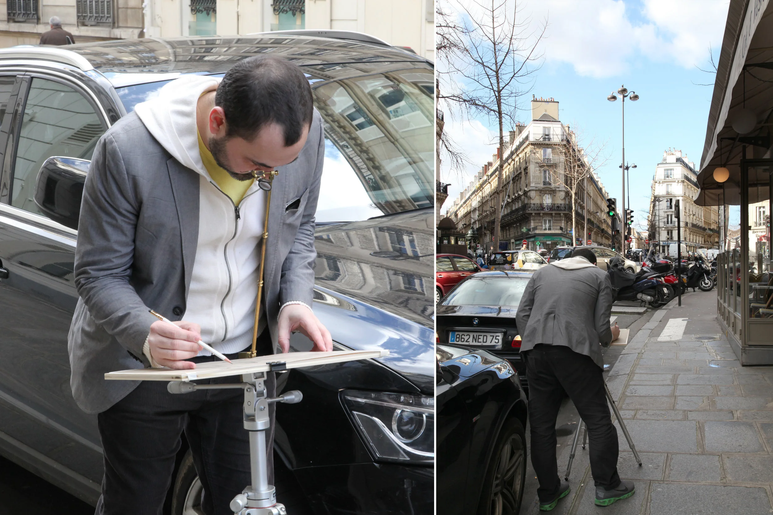 On the Rue de Turin in Paris, I set up my vintage camera lucida to test whether the Caillebotte drawing aligns with the scene.