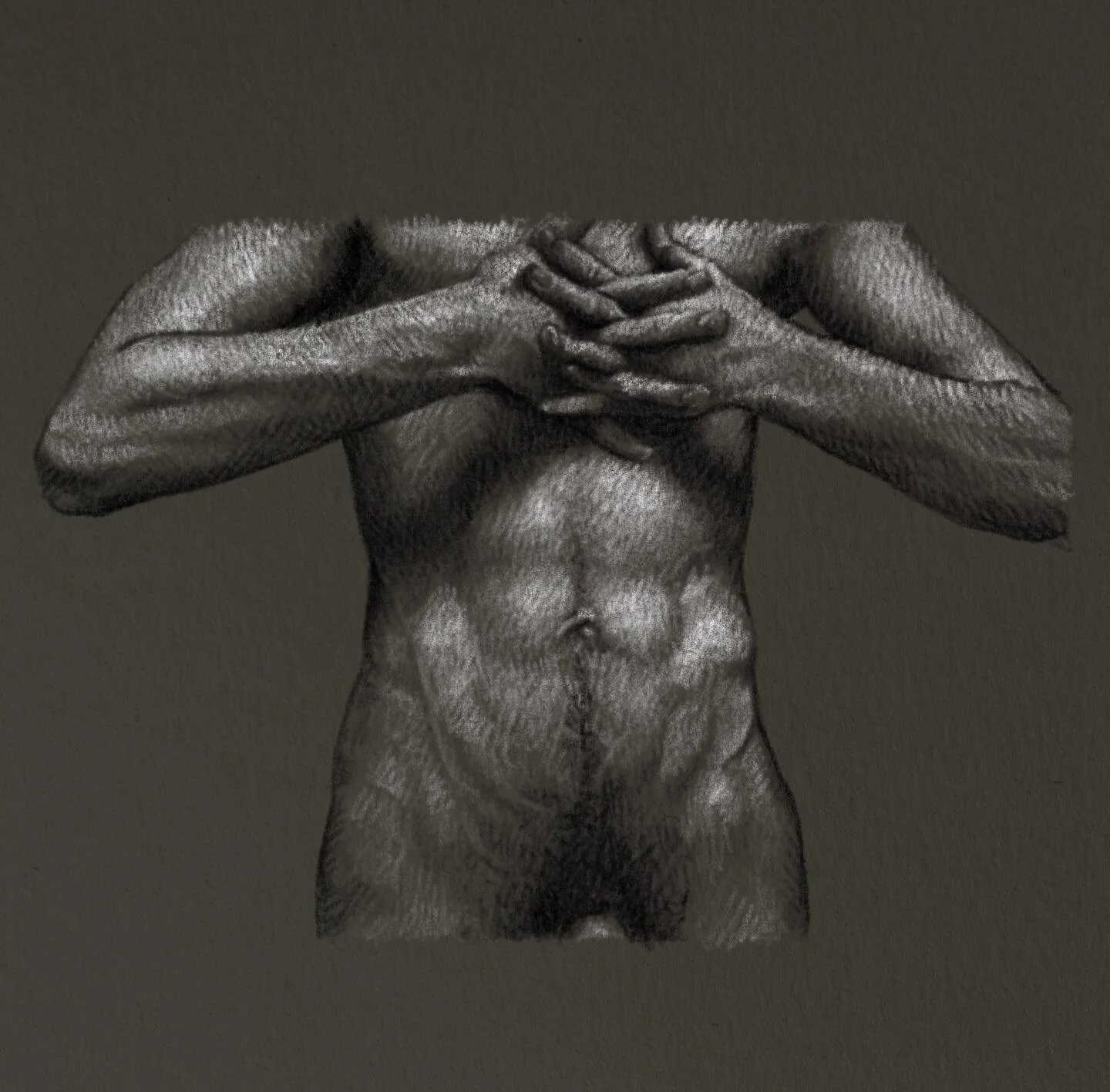 Stretching between poses, 2022. I don&rsquo;t want to say it&rsquo;s &ldquo;easy&rdquo; to draw any figures, but small, defined areas of light and dark really help to break down the overall drawing into manageable areas. Muscles and veins under direc