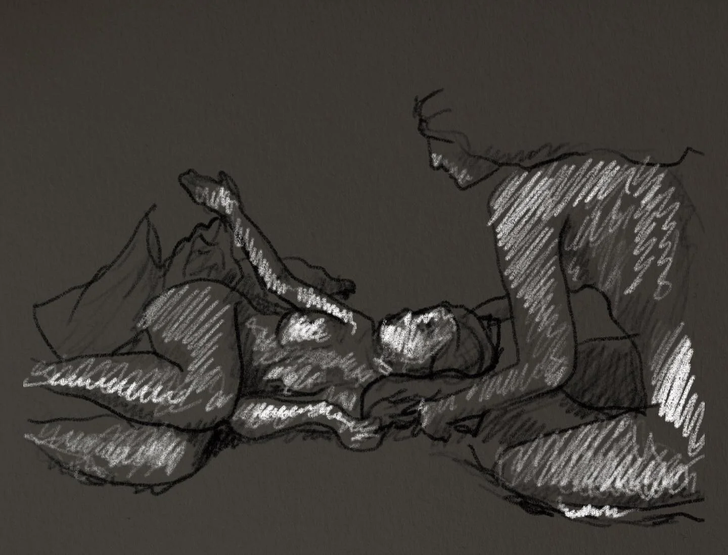 Adjusting pillows between poses, 2021. Scribbles delightfully reveal the energy and speed of drawing and even though I draw from photos I sometimes feel the urgency to freeze time from looking at the &ldquo;scribbleness&rdquo; level. This one is high