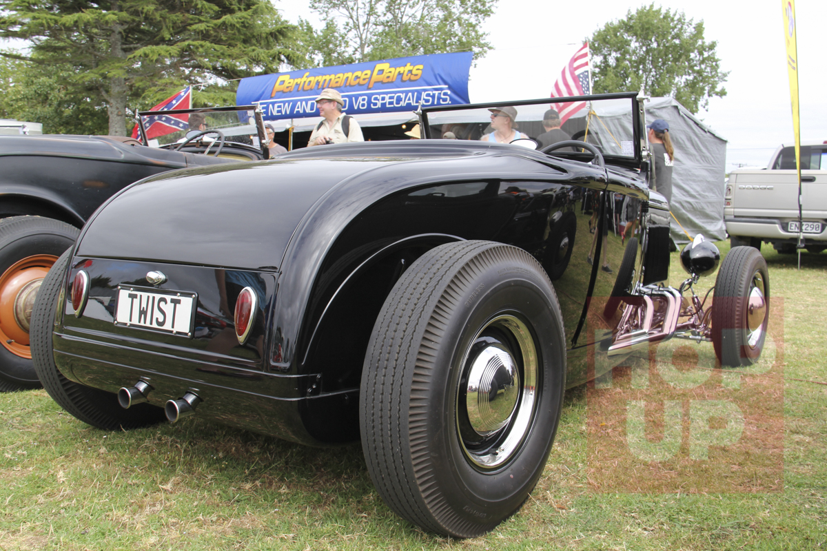 Nigel Oliver’s neat Model A roadster was built at Rocket Speed Equipment and features rolled pans and belly pans concealing the early Ford flathead drive train. 