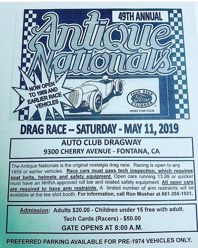 @antique_nationals is this Saturday at Fontana, always a great time with racing open to 59 and earlier cars along with a car show area. Hope to see everyone out there. #hopuplive #antiquenationals
