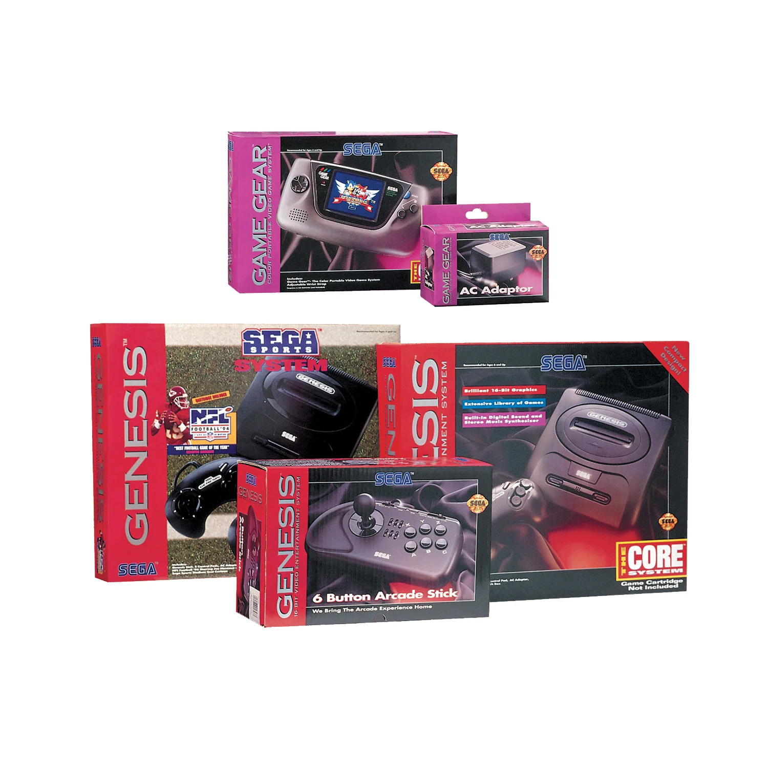   Packaging Branding: Sega® Product Line Re-Design   Created and produced The entire line of Sega Gaming Consoles and peripherals, Genesis, Game Gear, and Sega CD (not pictured here). After launch, these quickly became the #1 game consoles in the wor