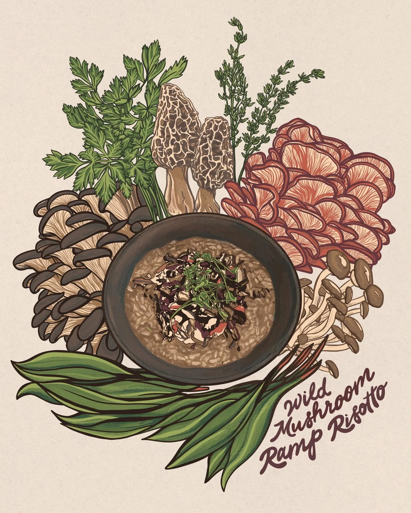 Wild Mushroom Ramp Risotto🍄&zwj;🟫 
The second design of my Cooking poster series! 

You can find these prints @boonefillery and @wataugacountyfarmersmarket every Saturday morning from now until the end of November! 💛 
Thank you to everyone who cam