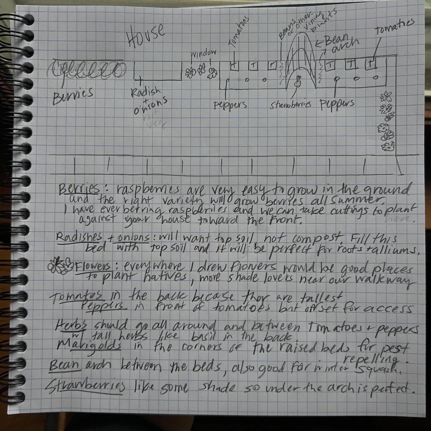Cute little side-yard garden plan I made for my neighbor. This  10&rsquo;x35&rsquo; space has more than enough room for three Deep Roots raised beds, a variety of in-ground perennial foods and natives. Note the recommendations on different soil type 