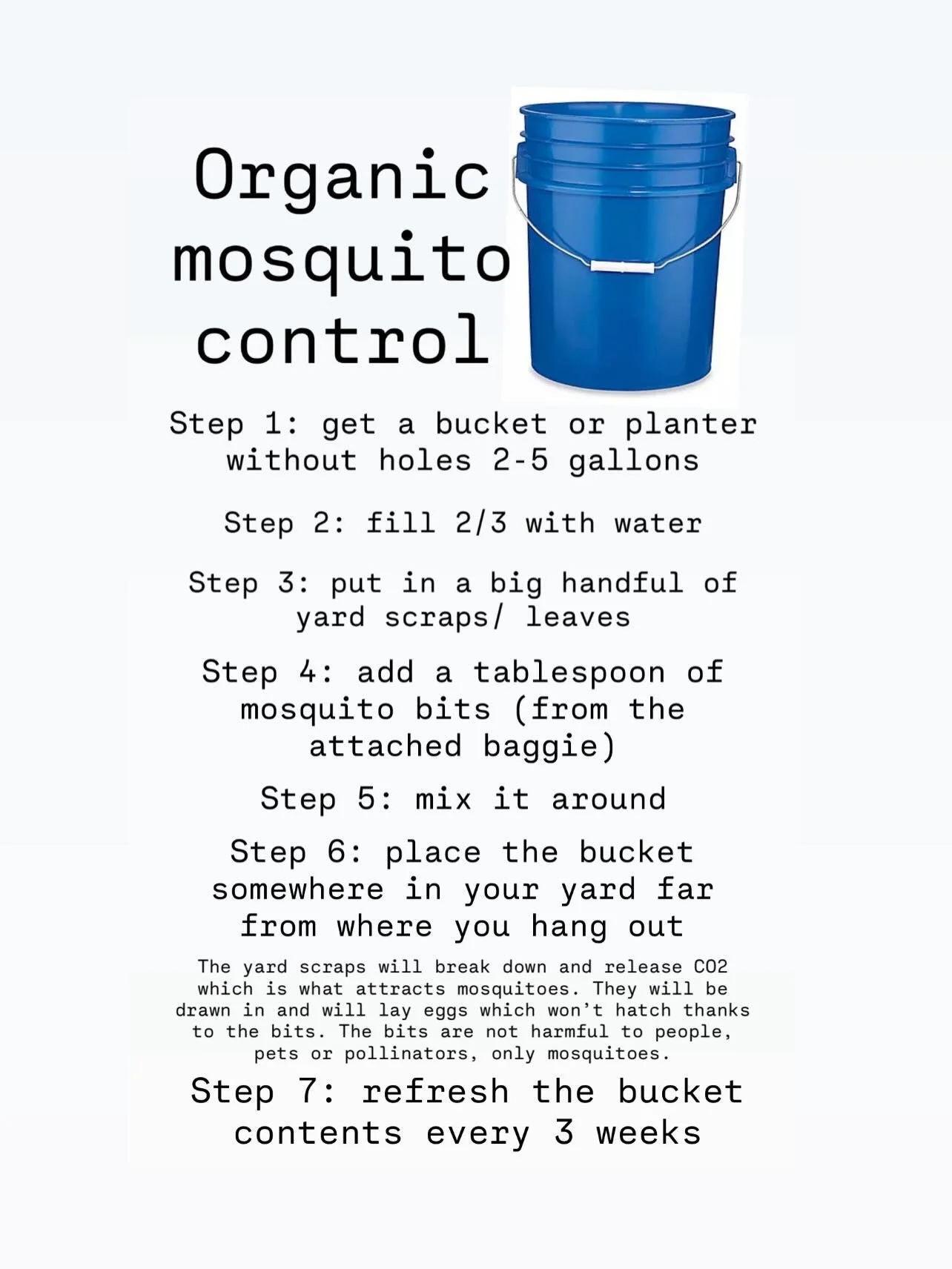 Mosquito bucket flyer photo! Please feel free to screen shot, share anywhere, and DM me if you&rsquo;d like the original photo file. NOTE: I made this to attach to little baggies of Mosquito Bits, picture in second slide. If you&rsquo;re not doing th