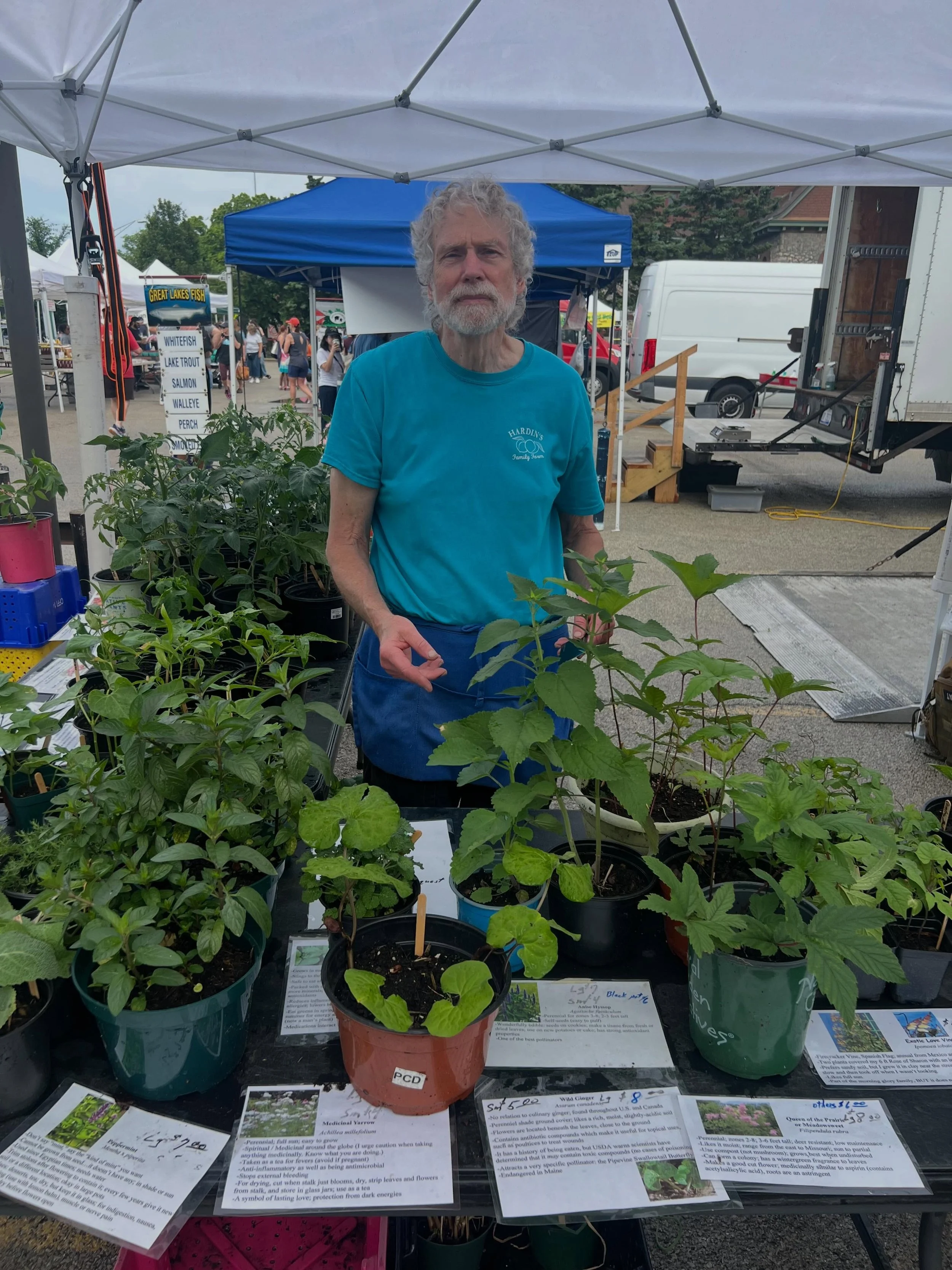 This is Kim. You&rsquo;ll find him on north east corner of the @opfm_illinois every Saturday 7-1. He works for a larger farm that sells amazing fruit, but at the corner of their booth he sets up his own collection of plants. This guy really knows his