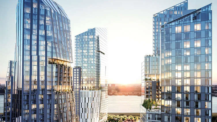The Three Waterline Square complex with 34 floors, houses condominiums and 47 apartments. It is designed by Rafael Vinoly to hold expansive rooms and custom kitchens, promising its residents a modern and convenient way of living. The complex houses an attended lobby, a doorman, an elevator, garden, party room, lounge room, on-site parking, outdoor entertainment space, and a laundry room among many other amenities. A concierge, yoga and recording studios, a pool, pet-grooming station, a rock-climbing wall and a soccer field complete the list of luxurious facilities the residents can enjoy. Surrounding the complex, there are a number of premium schools and diverse entertainment centers like museums, theaters, and shopping malls to make the neighborhood an interactive and commercially active center. CITY REALTY ARTICLE This 34-story tower at 639 West 59th Street is known as Three Waterline Square and has been designed by Rafael Vinoly, the architect of the sheer, 1,396-foot-tall, residential condominium tower at 432 Park Avenue between 56th and 57th Streets and Madison and Park Avenues that was the tallest in the Western Hemisphere when it was erected in 2015. It is one of three towers on trapezoidal sites at the five-acre Waterline Square developed by General Investment and Development Companies (GID) and Henley Holding Company, a subsidiary of the Abu Dhabi Development Authority, with a total of 1,1320 condominium and rental apartments and 20 percent of that total will be "affordable." This tower will have 167 rental units and 47 condo units with each type having its own entrance, Interiors by Groves & Co. The other two towers in this complex have been designed, disparately, by Richard Meier & Partners and Kohn Pedersen Fox. They are rather awkward in comparison with this tower, which is not pristine but at least dramatically interesting with its bold façades. Hill West is the executive architect for the entire complex. Mathews Nielsen Landscape Architects have designed the center, 2.6-acre park that will connect to the Riverside Park South esplanade. CONTACT US FOR MORE INFORMATION ABOUT THIS AND OTHER NEW DEVELOPMENTS IN NYC, BROOKLYN & QUEENS!