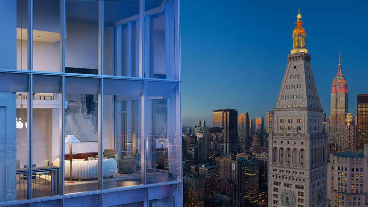 Standing 65-stories tall and offering 1 to 5 bedroom residences listed between 2.75MM and $48MM, Madison Square Park Tower is a luxury complex with a striking façade and mind-blowing interiors. The floor-to-ceiling windows in select residences frame sweeping vistas of Manhattan. This hybrid of full-floor residences and penthouses exhibits carefully planned interiors by Martin Brudnizki. The rooms are spacious, with custom decorations to complement the bustling neighborhood and the vibrant vibe of New York City while the master baths are shrouded with imported Mountain White Danby stone, embellished with custom vanities and Watermark nickel fittings. Carefully-curated amenities includes library, fitness services, a private yoga studio, children's playroom, basketball court, a PGA Tour classic golf simulator, gymnasium, entertaining terrace, and a Billiards room. CITY REALTY ARTICLE This very dramatic, glass, mid-block tower at 45 East 22nd Street has been designed by Kohn Peterson Fox and Goldstein, Hill & West for the The Continuum Company, which is headed by Ian Bruce Eichner, the developer of CitySpire on 56th Street between Sixth and Seventh Avenues. This tower has only a 75-foot frontage on 22nd Street but flares as it soars to 125-feet wide at its 777-foot-high top as a result of it having acquired air rights from neighboring lots. As a result, it is substantially higher than the thin residential tower at One Madison at 23 East 22ndStreet that Mr. Eichner attempted to acquire before launching this project and it will also be taller than the famous MetLife “Clocktower” office building that has long dominated Madison Square Park and is being converted into a hotel by Ian Schrager. While none of these towers will ever be as famous as the much shorter “Flatiron” building that occupies the triangular block between 22nd and 23rd Street, Broadway and Fifth Avenue, they giving the “Flatiron” district and Midtown South a dramatic new, reverberating skyline cluster. This tower will have 81 residential condominiums and is expected to be completed in 2016. It has been designed by Kohn Pedersen Fox, whose most recent residential project in the city was the sinuous One Jackson Square in the West Village. Its other major projects include the great, curved, 333 Wacker Drive in Chicago, the Petersen Automotive Museum in Los Angeles, the Unilever London Headquarters, the Ping An Finance Center in Shenzhen, China, the China Zun Tower in Beijing, China, and the master plan for the Hudson Yards for the Related Companies. Martin Brudnizki is the interior designer. CONTACT US FOR MORE INFORMATION ABOUT THIS AND OTHER NEW DEVELOPMENTS IN NYC, BROOKLYN & QUEENS!