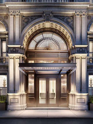 108 Leonard is a pre-war condominium building in downtown Manhattan's Tribeca neighborhood finished in 1928 and converted in 2018. Situated at 108 Leonard Street, between Broadway and Lafayatte Street, the building contains 110 units and rises 12 stories. The elevator equipped building's amenities include: elevator and on-site parking. The architecture pays homage to the most coveted elements of distinguished Italian Renaissance, including dramatic details of scale, proportion, and volume. Here, ornamental majesty and historic provenance are paired with fresh, modern forms and contemporary design priorities. Award-winning design firm Jeffrey Beers International has meticulously restored renowned architect McKim Mead & White’s Italian Renaissance Revival landmark. Beers has masterfully imbued a distinctly contemporary yet timeless point of view within Tribeca’s most iconic century-old building. These elegant residences, priced from $1,535,000 to over $20 million, range in size from one- to four-bedrooms and include various luxury amenities such as a Wellness Suite offering a fitness center and a stunning 75-foot lap pool, hot tub, steam shower and sauna. An Entertainment Suite that boasts a demonstration kitchen outfitted with Miele appliances and seating for eight, a dining area, a finely-crafted lounge with multiple seating groupings and a fireplace. The space also has glass-walled private dining rooms with adjoining wine cellar, screening room, and billiards room with wet bar. CITY REALTY ARTICLE 108 Leonard is a pre-war condominium building in downtown Manhattan's Tribeca neighborhood finished in 1928 and converted in 2018. Situated at 108 Leonard Street, between Broadway and Lafayatte Street, the building contains 110 units and rises 12 stories. The elevatored building's amenities include: elevator and on-site parking. CONTACT US FOR MORE INFORMATION ABOUT THIS AND OTHER NEW DEVELOPMENTS IN NYC, BROOKLYN & QUEENS!