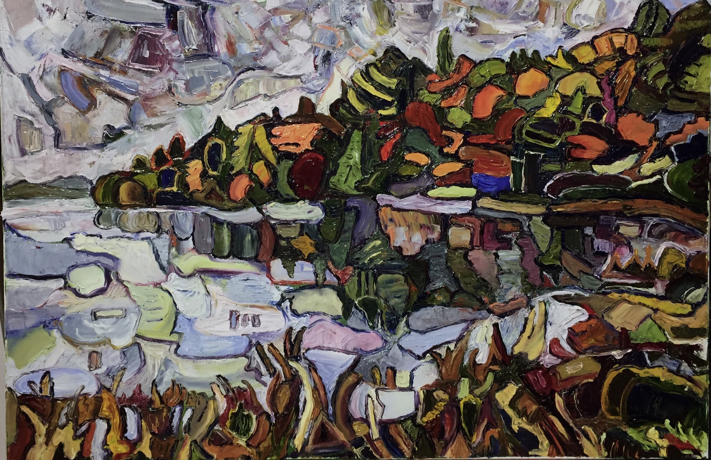 On Jordan Pond 24 x 36” oil + canvas, 2019.