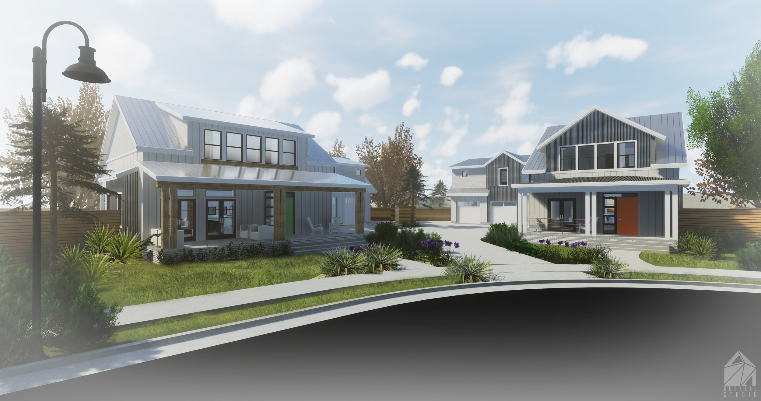 Shiloh Park - Phase 1 Renderings (Lots 4 and 5) with modern farmhouse style homes and large front porches.