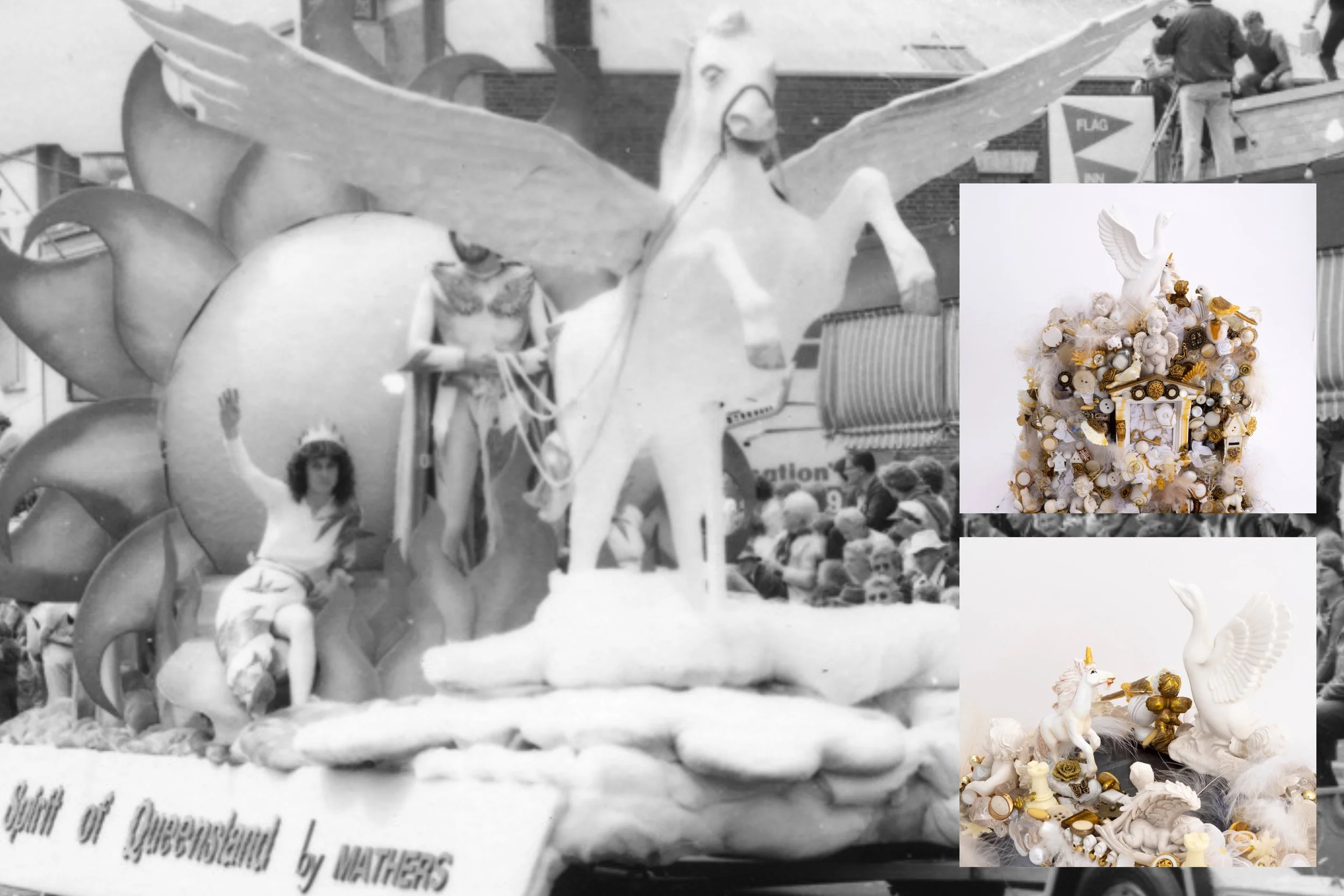   Spirit of Queensland float in the Carnival of Flowers c 1980s.&nbsp;   Photographer: Lionel Coxen| Black-and-white photograph | Local History and Robinson Collections, Toowoomba Regional Libraries – Lionel Coxen Collection   " Arcadia" by Ann Russe