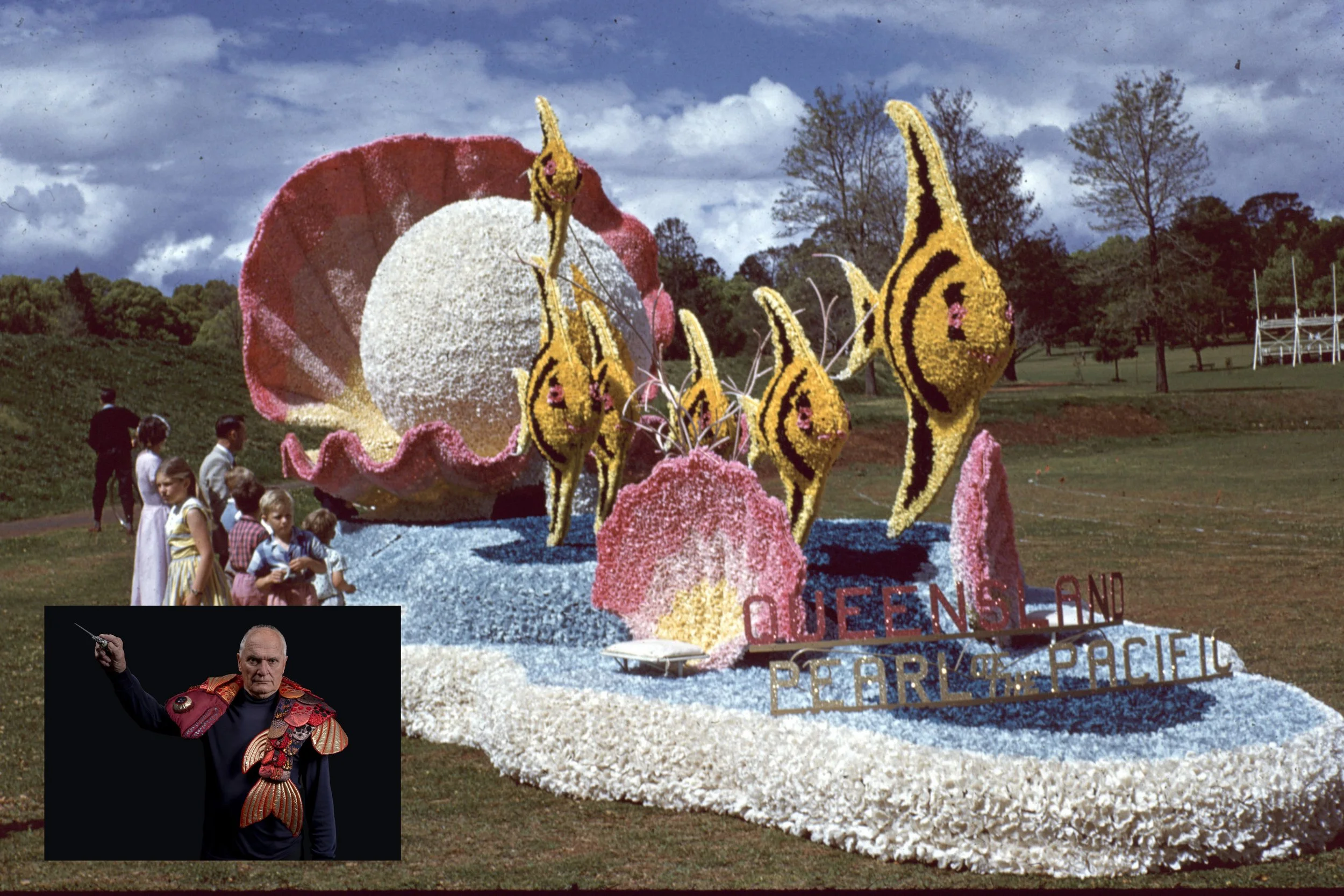   Underwater-themed Southern Cross Employees float for the 1959 Carnival of Flowers.   Photographer: William Keith |colour photograph / Local History and Robinson Collections, Toowoomba Regional Libraries – William Keith Collection    "Red Emperor" b