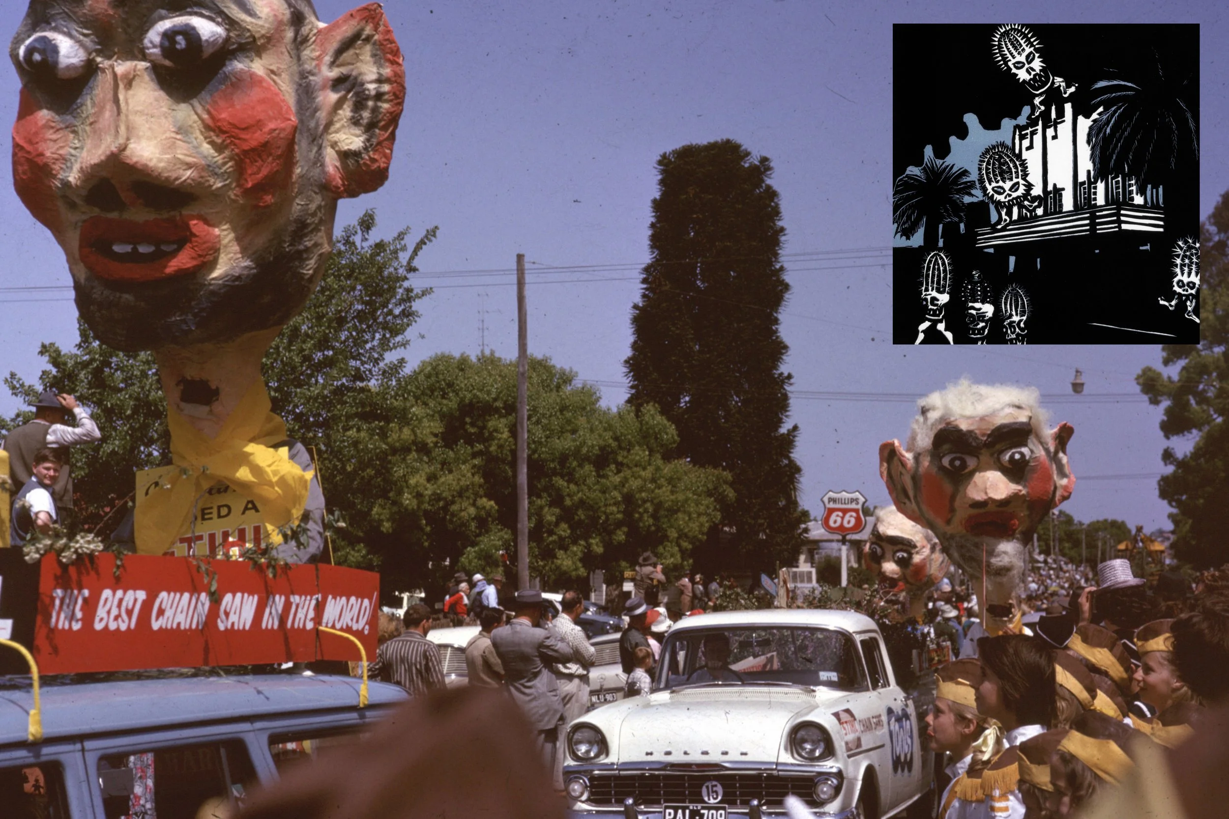   Three grotesque ‘heads’ in Carnival of Flowers parade c 1960s.   Photographer: William Keith | colour photograph | Local History and Robinson Collections, Toowoomba Regional Libraries – William Keith  Collection   "The Wild Empire 2017" by Ute Braa