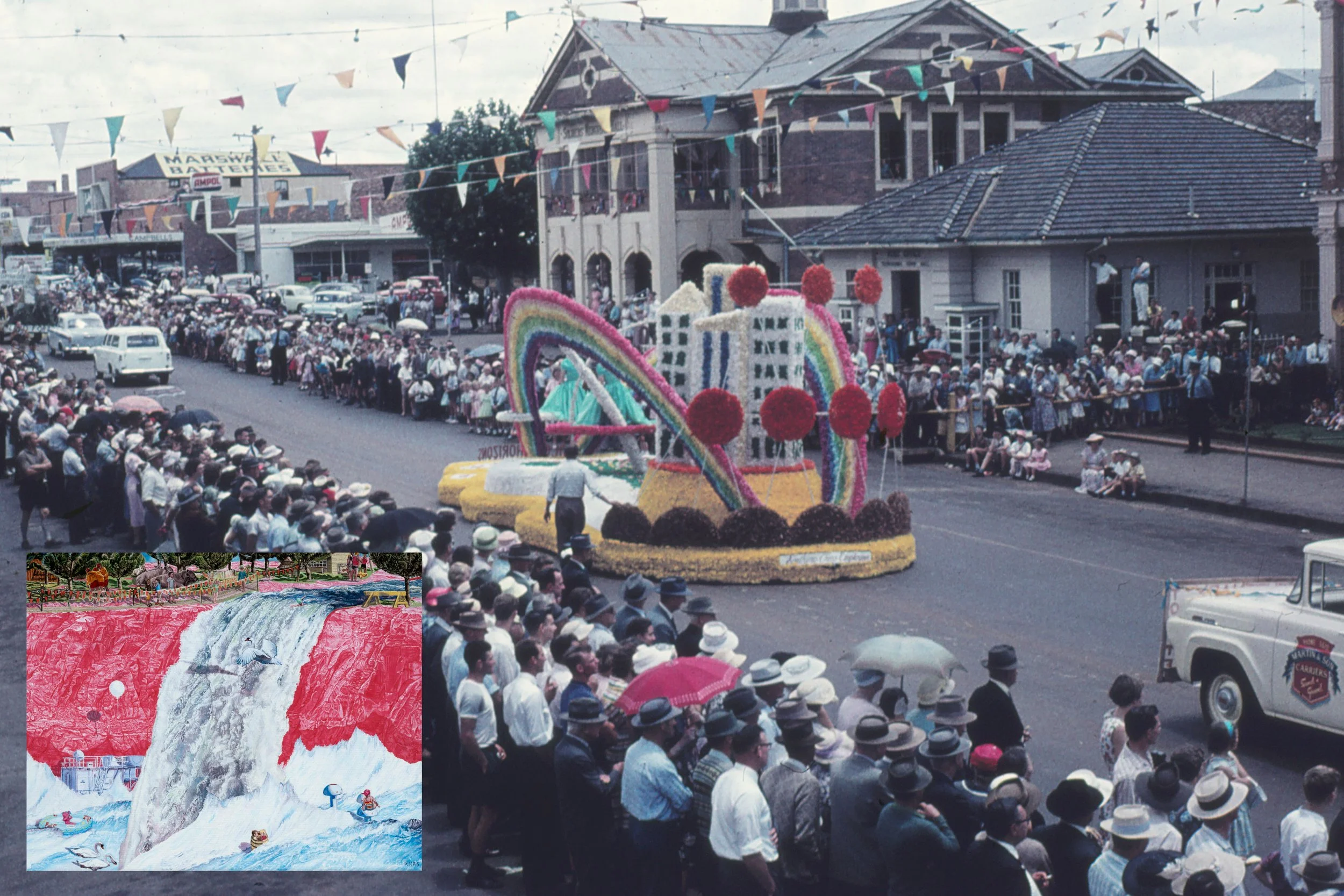  Southern Cross Employees float in Carnival of Flowers Parade c 1960.   Photographer Unknown | Colour photograph | Local History and Robinson Collections, Toowoomba Regional Libraries    "Over the waterfall" by Kate Stewart .   2015 | Oil on canvas 