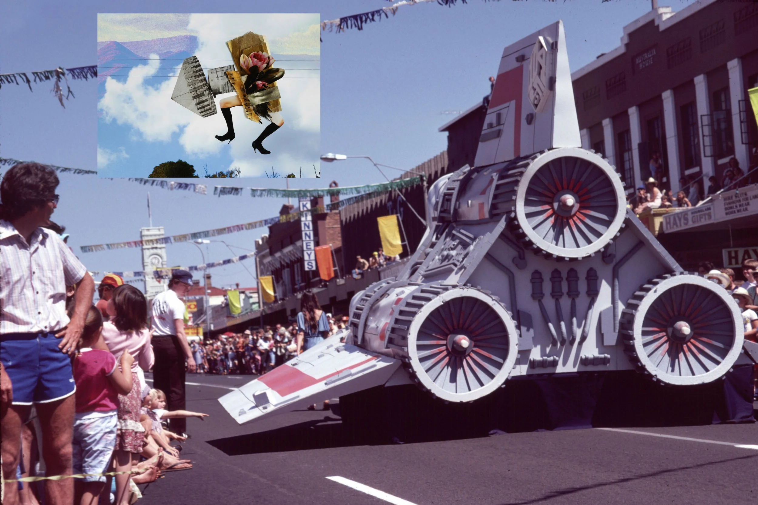   Rear view of ‘Space Shuttle’ float in 1981 Carnival of Flowers parade.   Photographer: Lionel Coxen | 1981 | colour photograph | Local History and Robinson Collections, Toowoomba Regional Libraries – Lionel Coxen Collection    "Being ultra-light 20